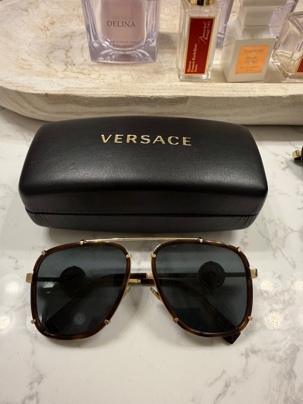 Versace Brown Tortoise and Gold Aviator Sunglasses